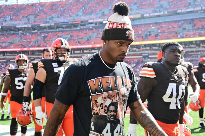 Oct 1, 2023; Cleveland, Ohio, USA; Cleveland Browns quarterback Deshaun Watson (4) walks off the field after warm ups before the game between the Browns and the Baltimore Ravens at Cleveland Browns Stadium.
